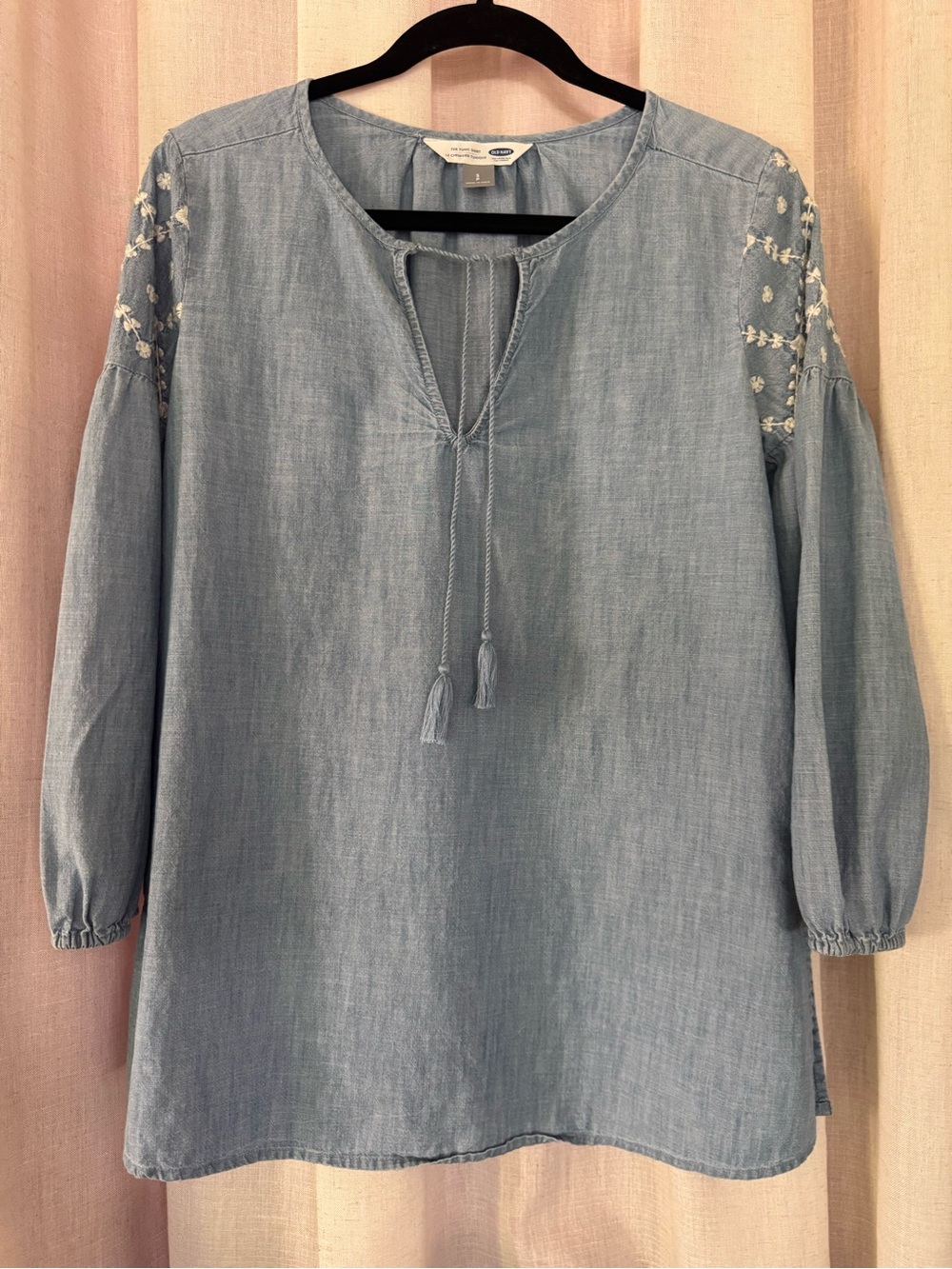 Light Blue Embroidered Tie-Front Lightweight Cotton Chambray Tunic Size Small